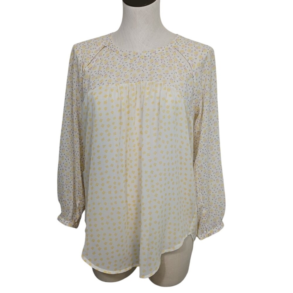 Elodie Chiffon Blouse Womens Small Yellow Ditsy Floral Print Semi Sheer Cottage